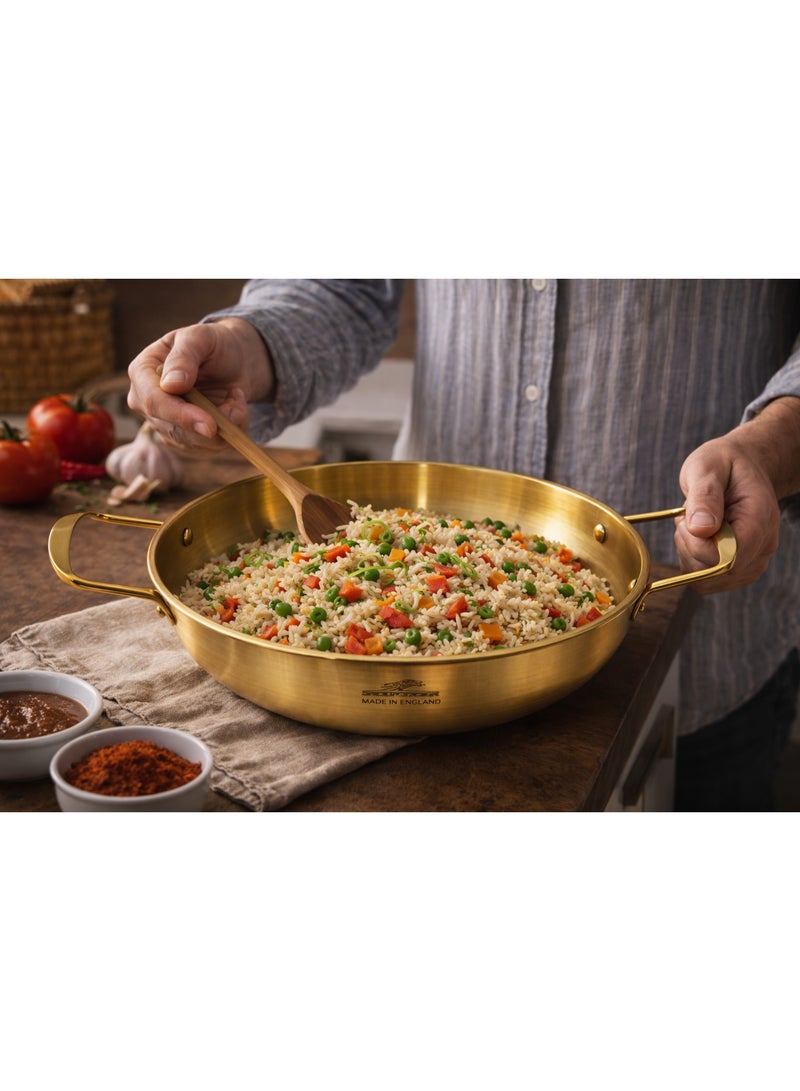 Premium Shallow Metal Food Serving Bowl / Cooking Pan Kadai Wok with Double Handles - Gold - Image 3