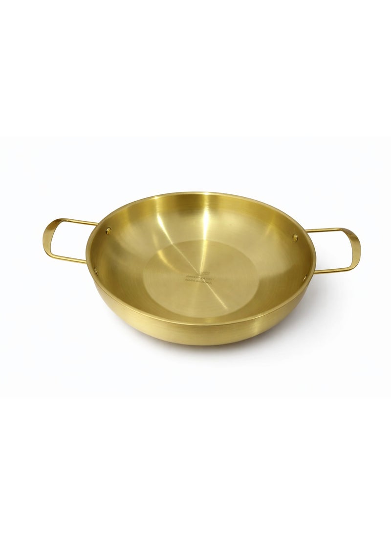 Premium Shallow Metal Food Serving Bowl / Cooking Pan Kadai Wok with Double Handles - Gold - Image 2