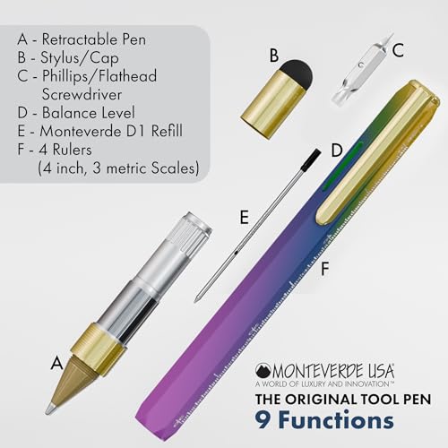 MONTEVERDE USA 9-in-1 Tool Ballpoint Pen in Rainbow – PVD-Coated Multifunctional Pen with Stylus, Screwdrivers, Level, and Ruler – Exclusive Collection, Great Gift for Men - Image 3