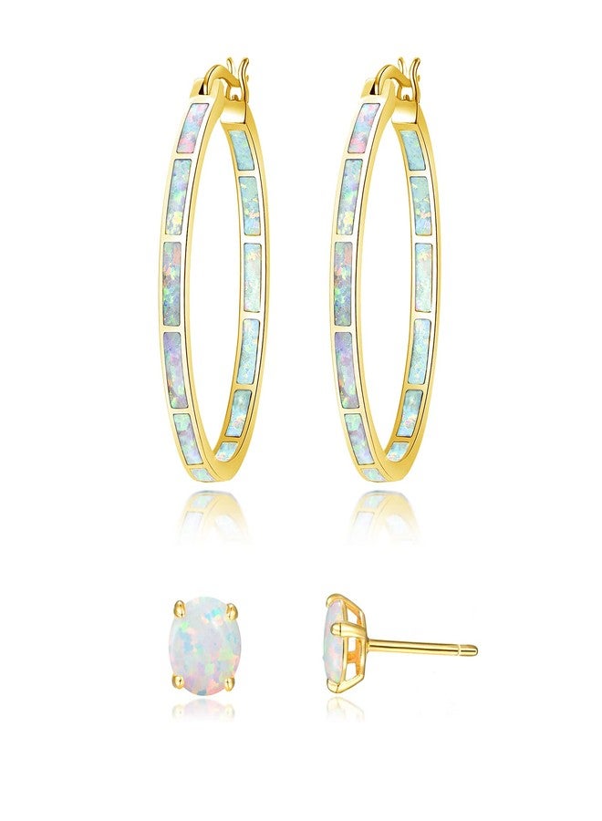 CiNily Opal Hoop Earrings,Women Jewelry Rhodium Plated/Rose Gold or Yellow Gold Plated Gemstone Big Hoop Earrings 32mm, 32 mm, Gold Plated, Created Opal - Image 1