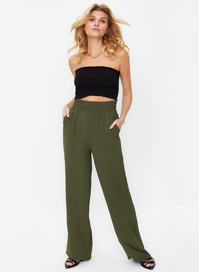 trendyol Olive Green Wide Leg/Wide Elastic Waist Woven Trousers - Image 1