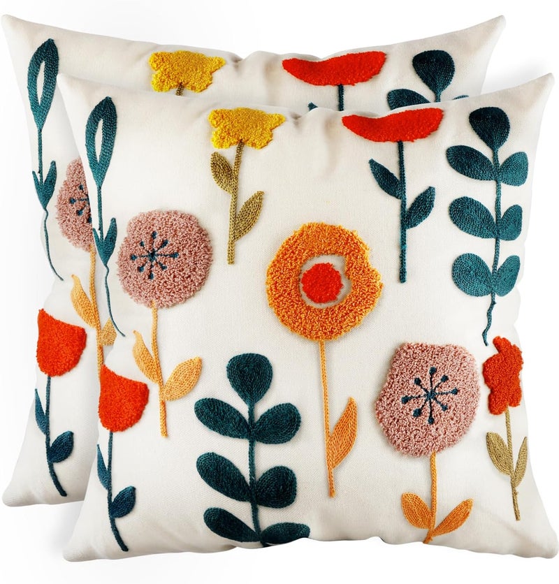 Kokaaee Embroidered Throw Pillow Covers Set of 2-18x18 Decorative Pillow Covers with Zipper Aesthetic Cute Design Spring Summer Throw Pillowcases for Outdoor Couch Sofa Bed, Plants - Image 1