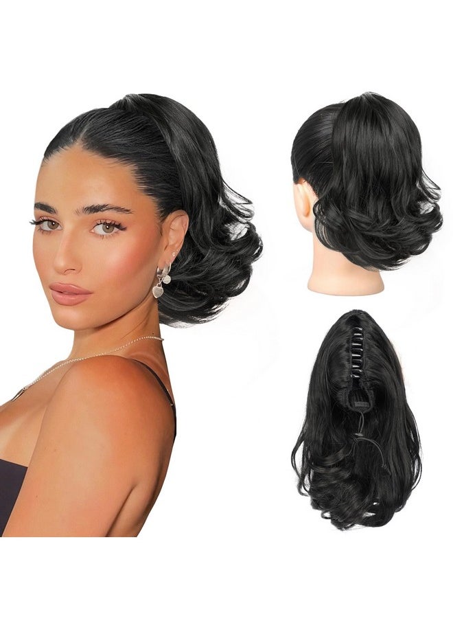 KooKaStyle - Ponytail Extension, 10" Short Claw Clip In Pony Tails Hair Extensions Curly Wavy Synthetic Drawstring Hairpieces For Women Black - Image 1