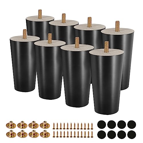 FoDau770 Black Rubber Wood Furniture Legs 4 Inches, Straight Tapered Wood Feet Mid Century Sofa Legs Set of 8, 5/16" UNC Furniture Feet for Cabinet Couch Dresser Chair Ottoman Table - Image 1