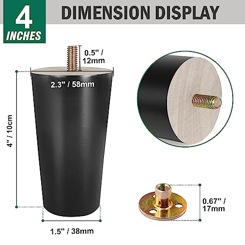 FoDau770 Black Rubber Wood Furniture Legs 4 Inches, Straight Tapered Wood Feet Mid Century Sofa Legs Set of 8, 5/16" UNC Furniture Feet for Cabinet Couch Dresser Chair Ottoman Table - Image 3