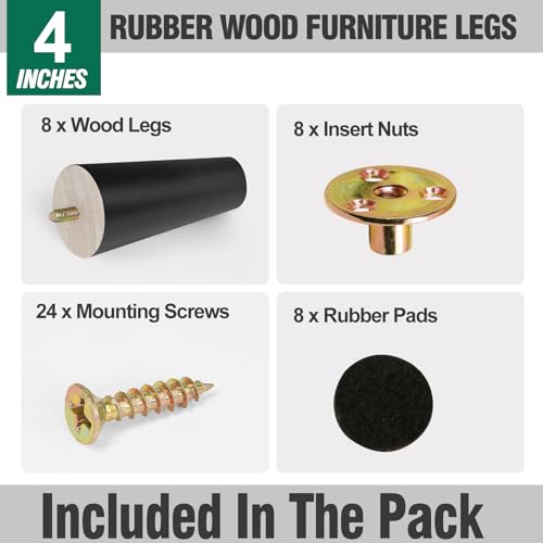 FoDau770 Black Rubber Wood Furniture Legs 4 Inches, Straight Tapered Wood Feet Mid Century Sofa Legs Set of 8, 5/16" UNC Furniture Feet for Cabinet Couch Dresser Chair Ottoman Table - Image 2