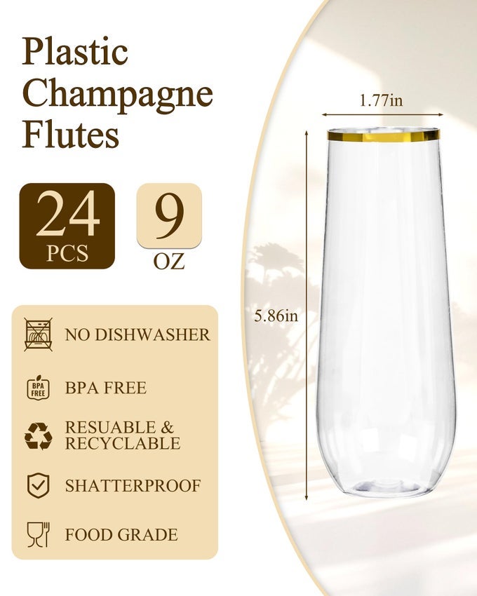 Ciaell 24 Pack Gold Plastic Champagne Flutes - 9 Oz Disposable Champagne Glasses - Stemless Mimosa Glass for Parties & Weddings & Birthdays - Image 2