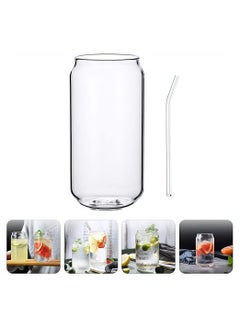 Glass Cans, Can Shaped Glass Cups Transparent Water Cup Juice Drinking Cups with Glass Straw for Any Drink and Any Occasion, 500 ml