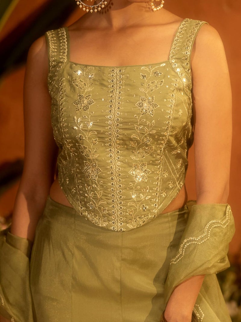 FIORRA Women Olive Green Viscose Chanderi Embroidered Ethnic Top Palazzo Set with Dupatta - Image 5