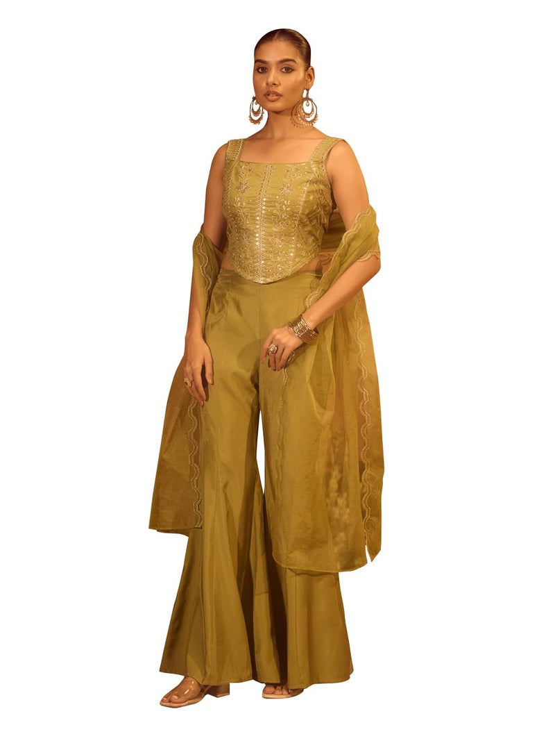 FIORRA Women Olive Green Viscose Chanderi Embroidered Ethnic Top Palazzo Set with Dupatta - Image 1