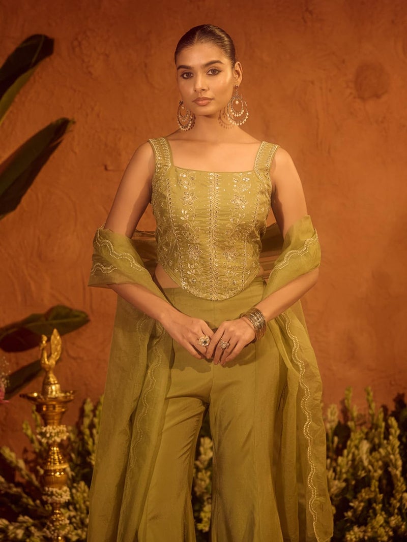 FIORRA Women Olive Green Viscose Chanderi Embroidered Ethnic Top Palazzo Set with Dupatta - Image 4