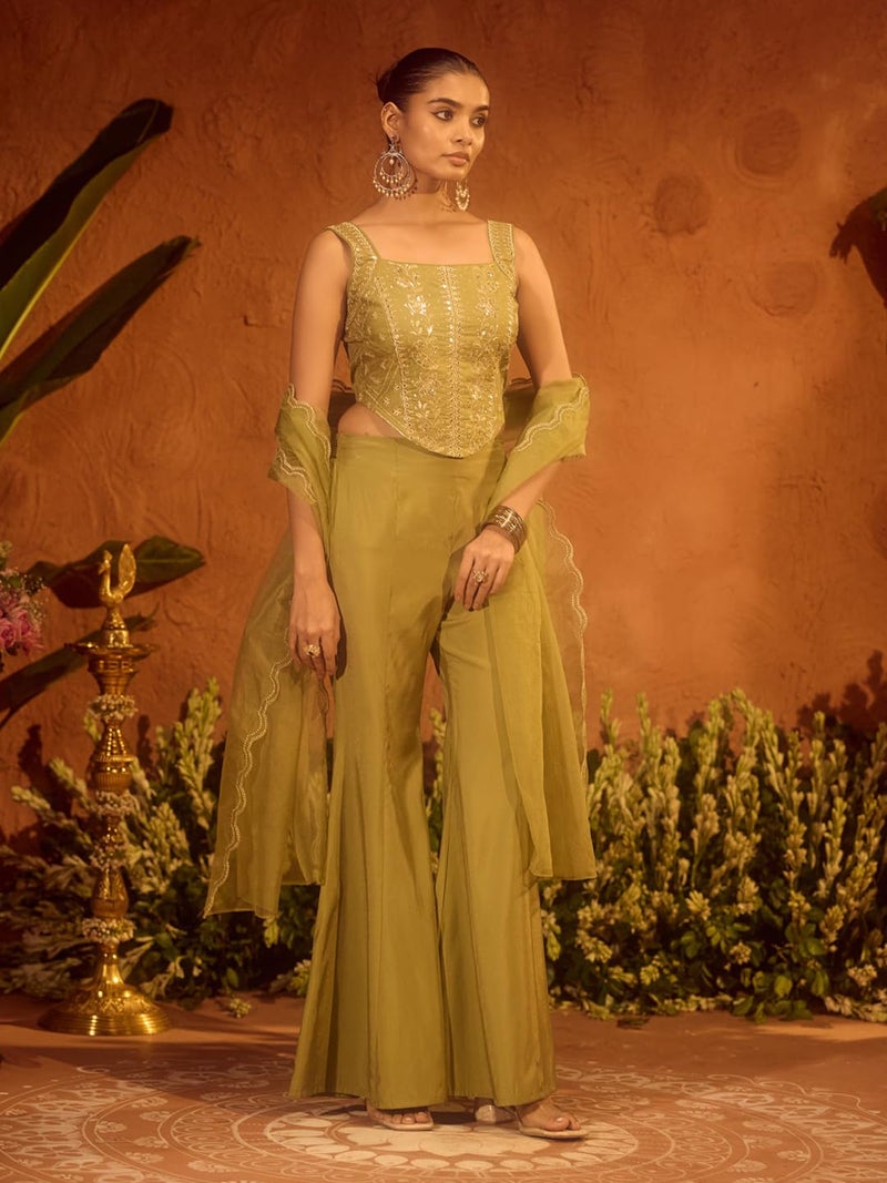 FIORRA Women Olive Green Viscose Chanderi Embroidered Ethnic Top Palazzo Set with Dupatta - Image 3