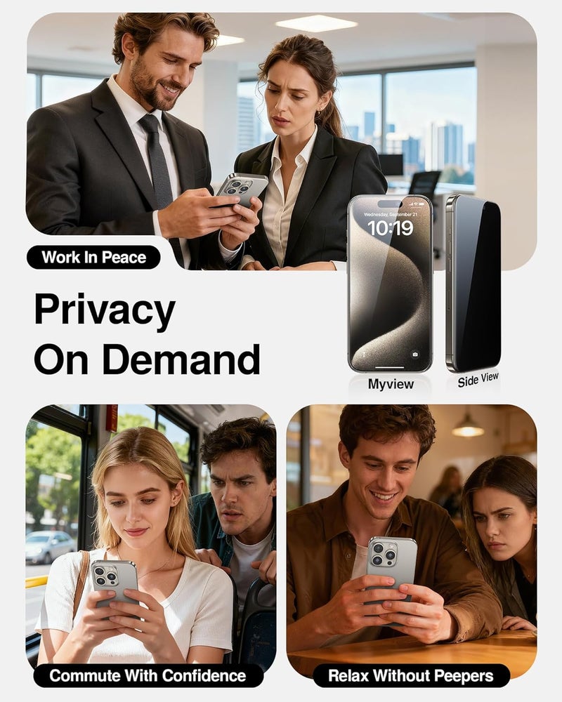 سمارت ديفل حزمة من 2 زجاج مقسى لـ iPhone 15 Pro واقي شاشة خصوصية، حماية من الكسر بدرجة عسكرية، صلابة 9H، فيلم خصوصية مضاد للتجسس، تركيب سريع وسهل - Image 3