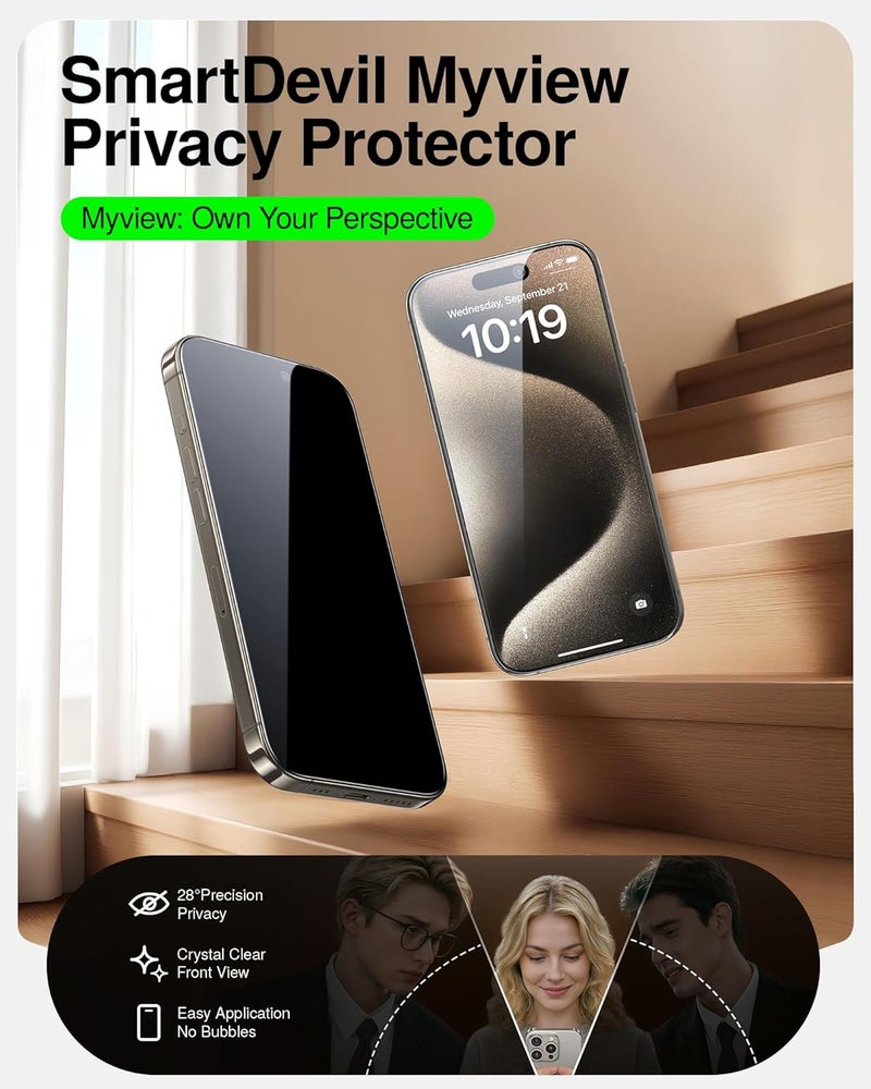 سمارت ديفل حزمة من 2 زجاج مقسى لـ iPhone 15 Pro واقي شاشة خصوصية، حماية من الكسر بدرجة عسكرية، صلابة 9H، فيلم خصوصية مضاد للتجسس، تركيب سريع وسهل - Image 2