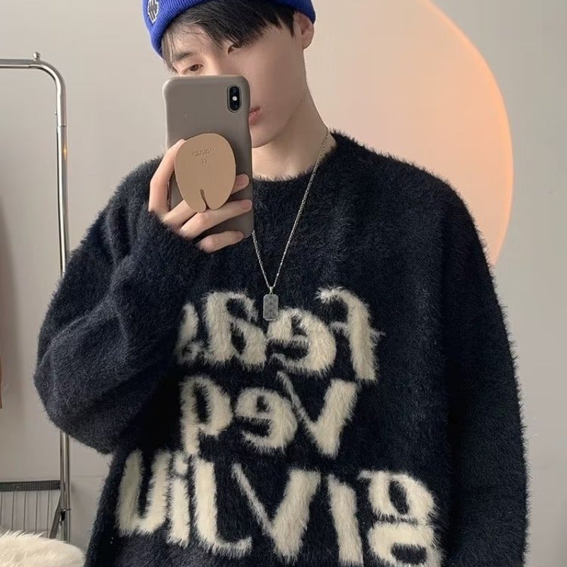 Sweater Men'S And Women'S Fashion Brand Retro Letter Jacquard Thickened Couple Wear High Street Loose Lazy Pullover Sweater - Image 3