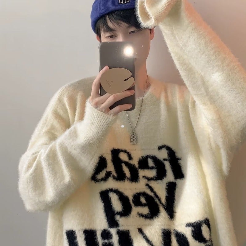 Sweater Men'S And Women'S Fashion Brand Retro Letter Jacquard Thickened Couple Wear High Street Loose Lazy Pullover Sweater - Image 4
