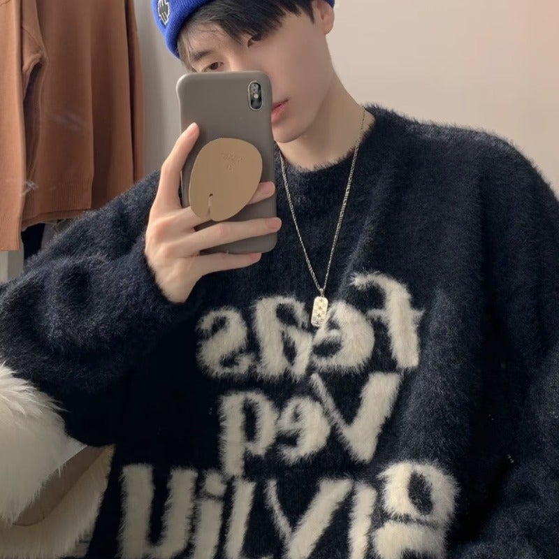 Sweater Men'S And Women'S Fashion Brand Retro Letter Jacquard Thickened Couple Wear High Street Loose Lazy Pullover Sweater - Image 1