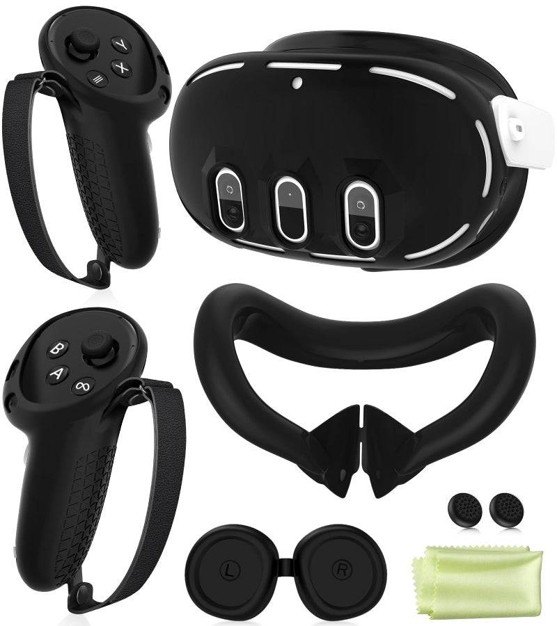 YRXVW مجموعة غطاء سيليكون متوافقة مع ميتا أوكولوس/كويست 3، ملحقات VR غطاء واقي تشمل مقابض التحكم، غطاء رأس أمامي وغطاء وجه، غير متوافق مع كويست 3S (أسود) - Image 1