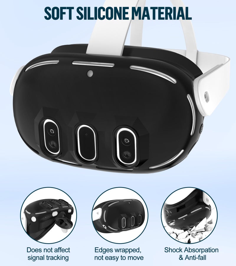 YRXVW مجموعة غطاء سيليكون متوافقة مع ميتا أوكولوس/كويست 3، ملحقات VR غطاء واقي تشمل مقابض التحكم، غطاء رأس أمامي وغطاء وجه، غير متوافق مع كويست 3S (أسود) - Image 2
