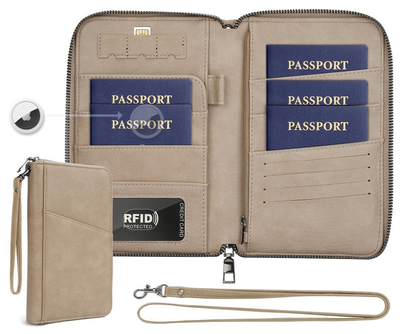 Kicoroiny Family Passport Holder Wallet RFID Travel Document Organizer for Women Men, Portable Case Cover for Cards, Boarding Pass with Wrist & Neck Strap, Airtag Pocket, Travel Essentials Gifts (Sand, 1pack) - Image 1