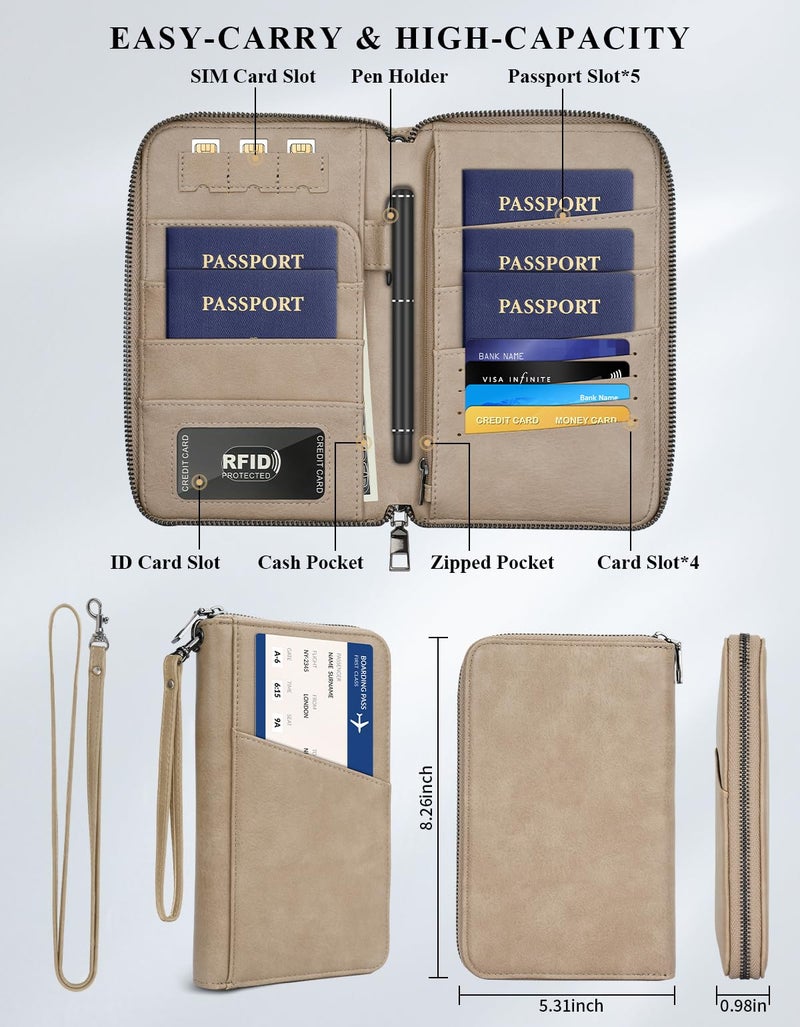 Kicoroiny Family Passport Holder Wallet RFID Travel Document Organizer for Women Men, Portable Case Cover for Cards, Boarding Pass with Wrist & Neck Strap, Airtag Pocket, Travel Essentials Gifts (Sand, 1pack) - Image 3