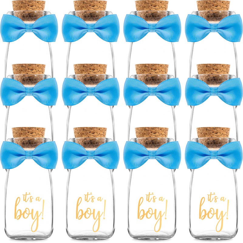 Ethisa Vintage 12 Pack It's a Boy Milk Glass Bottles with Ribbons and Stickers - Classy Baby Shower Favors for Guests and Table Centerpieces - Gender Reveal Boy Decorations - Baby Shower Candy Jar - Image 1