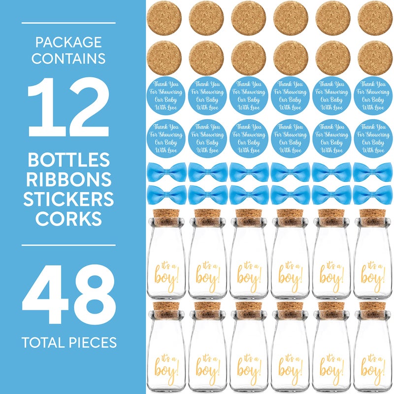 Ethisa Vintage 12 Pack It's a Boy Milk Glass Bottles with Ribbons and Stickers - Classy Baby Shower Favors for Guests and Table Centerpieces - Gender Reveal Boy Decorations - Baby Shower Candy Jar - Image 5
