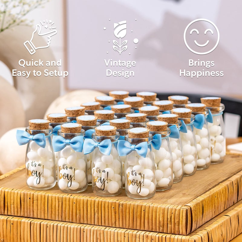Ethisa Vintage 12 Pack It's a Boy Milk Glass Bottles with Ribbons and Stickers - Classy Baby Shower Favors for Guests and Table Centerpieces - Gender Reveal Boy Decorations - Baby Shower Candy Jar - Image 4
