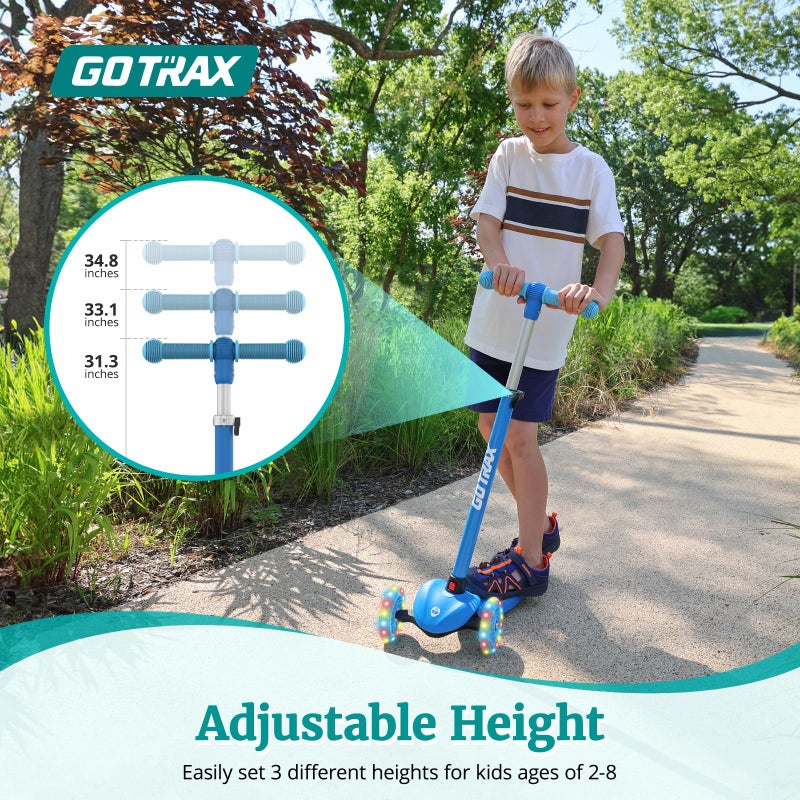 Gotrax KS1 Kids Kick Scooter, LED Lighted Wheels and 3 Adjustable Height Handlebars, Lean-to-Steer & Widen Anti-Slip Deck, 3 Wheel Scooter for Boys & Girls Ages 2-8 and up to 100 Lbs (Blue) - Image 3