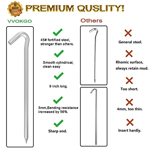 VVOKGO 9 Inches 8 Pack Heavy Duty Tent Stakes, Metal Ground Stakes for Camping, Garden or Inflatable, Galvanized Steel Pegs for Yard and Outdoor Decorations - Image 2