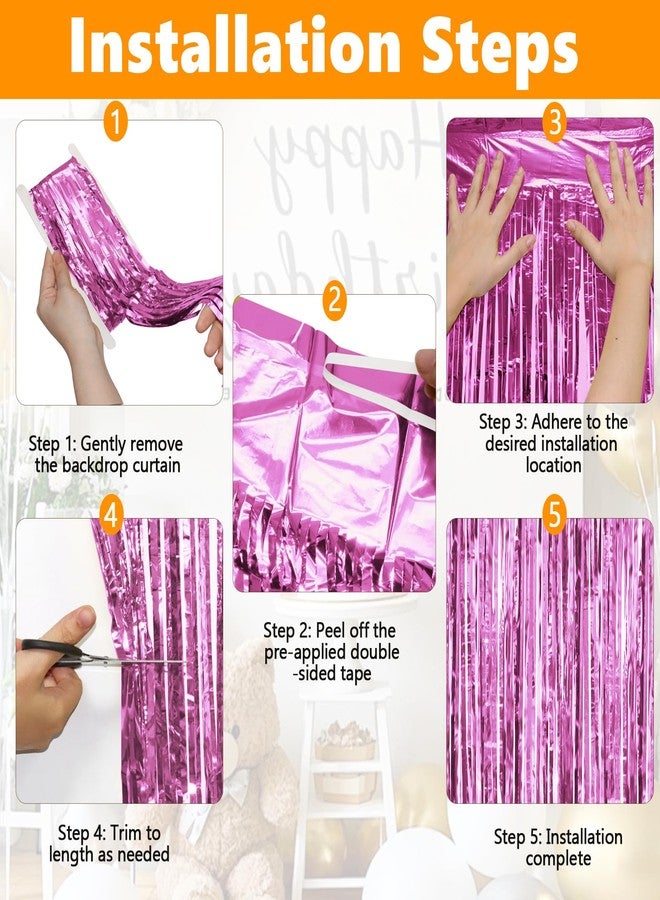 Entisn 2 Pack Pink Foil Fringe Curtains, 3.28 x 6.56 Ft Metallic Tinsel Foil Backdrop, Door Streamer Photo Booth Backdrop for Birthday Party, Bachelorette Wedding Holiday Disco Decorations - Image 4