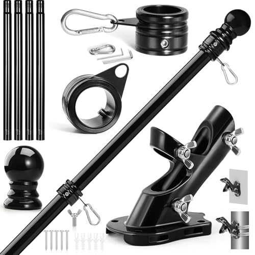 Anovo Flag Pole Kit Upgraded Holder Stainless Steel 5 FT Flag Poles with1 Inch Metal 360 Rotating Flag Pole Rings TwoPosition Flag Pole Bracket Mounting for Outside House Porch 5 FTBlack - Image 1