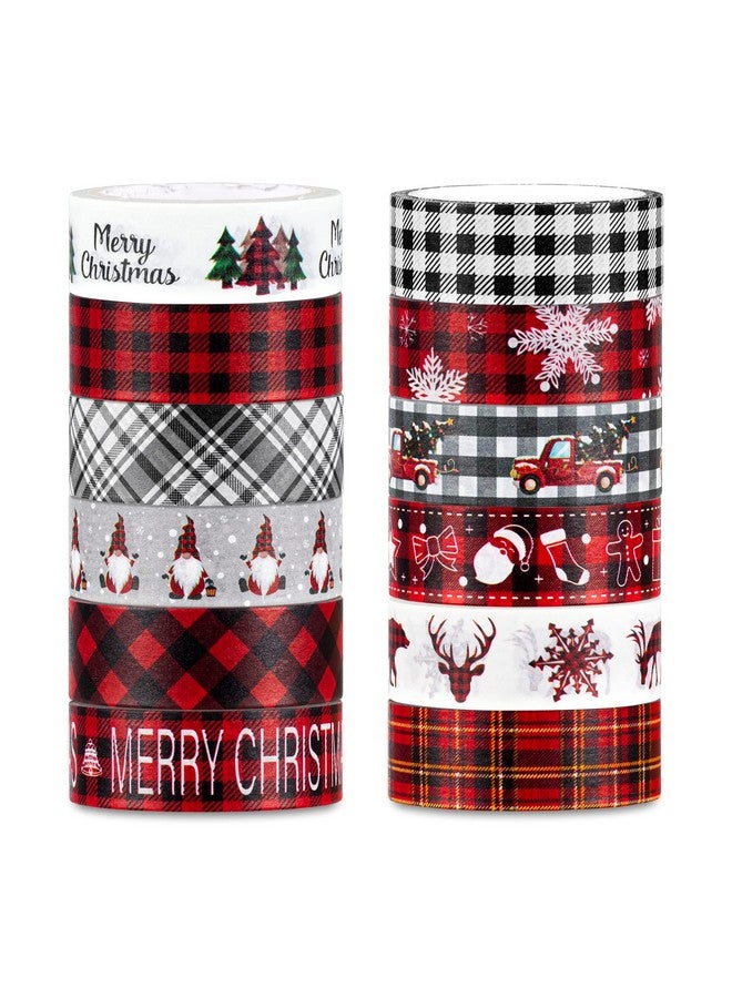 Whaline 12 Roll Christmas Washi Tape Red Black Plaids Xmas Tree Snowflake Gnome Washi Tape 15Mm Wide Christmas Holiday Decorative Masking Tape For Scrapbook Journal Diy Craft Gift Wrapping - Image 1