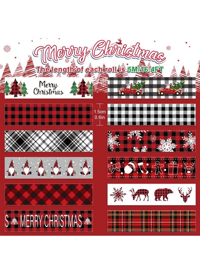 Whaline 12 Roll Christmas Washi Tape Red Black Plaids Xmas Tree Snowflake Gnome Washi Tape 15Mm Wide Christmas Holiday Decorative Masking Tape For Scrapbook Journal Diy Craft Gift Wrapping - Image 2