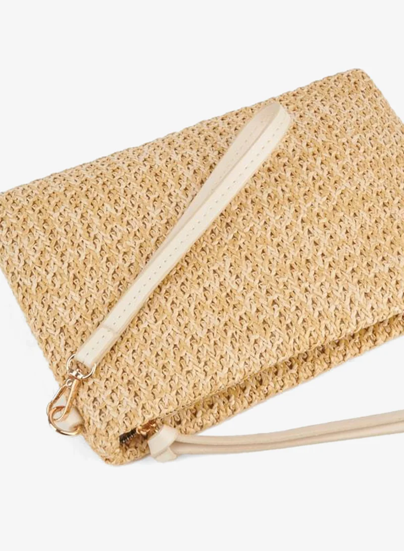 Women's Bellis Woven Straw Lined Synthetic Leather Wrist Strap Portfolio Hand and Clutch Bag.