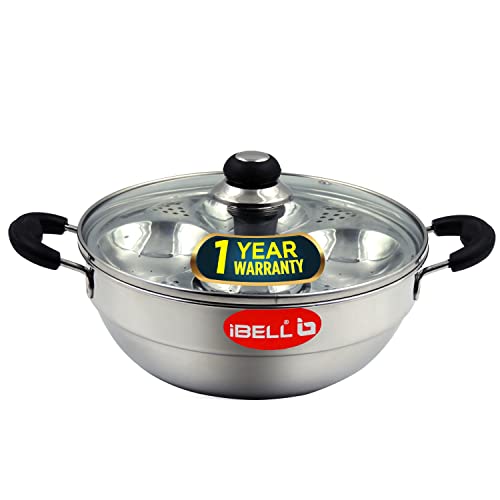 iBELL 2P08G Multi Purpose Kadai with Idli Maker Stainless Steel, 2 Plates 8 Idlies, with Glass Lid - Image 1