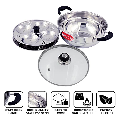 iBELL 2P08G Multi Purpose Kadai with Idli Maker Stainless Steel, 2 Plates 8 Idlies, with Glass Lid - Image 4