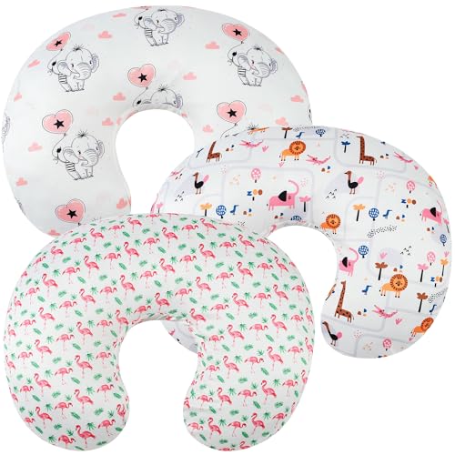 Tontukatu Nursing Pillow Cover Set 3 Pack Nursing Pillow Slipcovers for Moms Breastfeeding Moms, Ultra-Soft Stretchy Fit Standard Nursing Pillows Flamingo Elephant & Lion