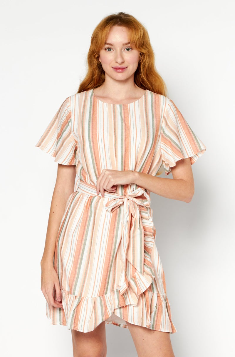 Lost + Wander فستان قصير بأكمام قصيرة وياقة دائرية للنساء، مجموعة برتقالية - Image 1