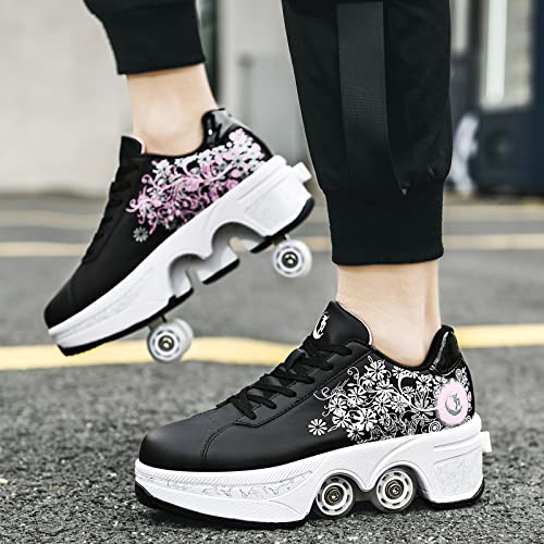 Deformation Roller Skates Roller Skate Shoes for Women Four Rounds Children's Roller Skates Shoes That Turn into Rollerskates Sneakers Outdoor Light Shoes with Wheels for Girls/Boys (Black Pink, US 10.5) - Image 2