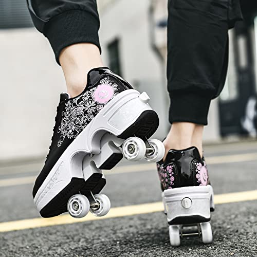 Deformation Roller Skates Roller Skate Shoes for Women Four Rounds Children's Roller Skates Shoes That Turn into Rollerskates Sneakers Outdoor Light Shoes with Wheels for Girls/Boys (Black Pink, US 10.5) - Image 3