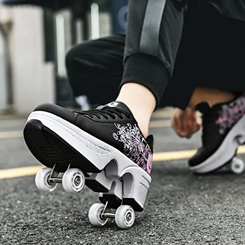 Deformation Roller Skates Roller Skate Shoes for Women Four Rounds Children's Roller Skates Shoes That Turn into Rollerskates Sneakers Outdoor Light Shoes with Wheels for Girls/Boys (Black Pink, US 10.5) - Image 4