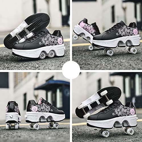 Deformation Roller Skates Roller Skate Shoes for Women Four Rounds Children's Roller Skates Shoes That Turn into Rollerskates Sneakers Outdoor Light Shoes with Wheels for Girls/Boys (Black Pink, US 10.5) - Image 5