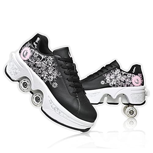 Deformation Roller Skates Roller Skate Shoes for Women Four Rounds Children's Roller Skates Shoes That Turn into Rollerskates Sneakers Outdoor Light Shoes with Wheels for Girls/Boys (Black Pink, US 10.5) - Image 1