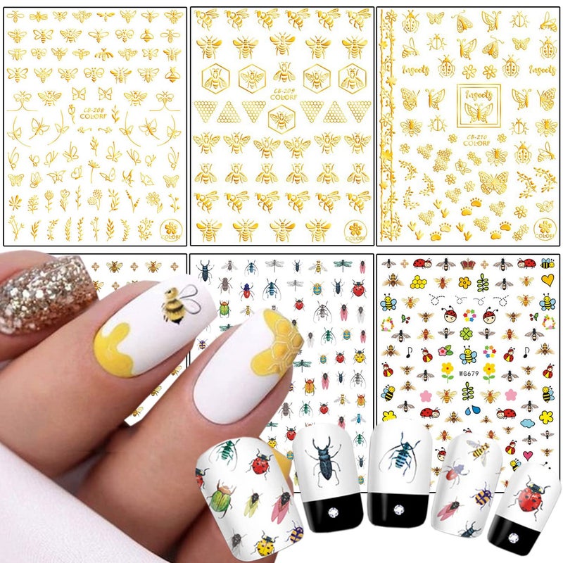 Cute Honeybee Nail Art Stickers 3D Little Animal SelfAdhesive Sticker Cartoon Bee Nail Art Decals Holographic Gold Bee Nail Decal Design for Women Girls Manicure Decoration DIY Nail Sticker Supplies