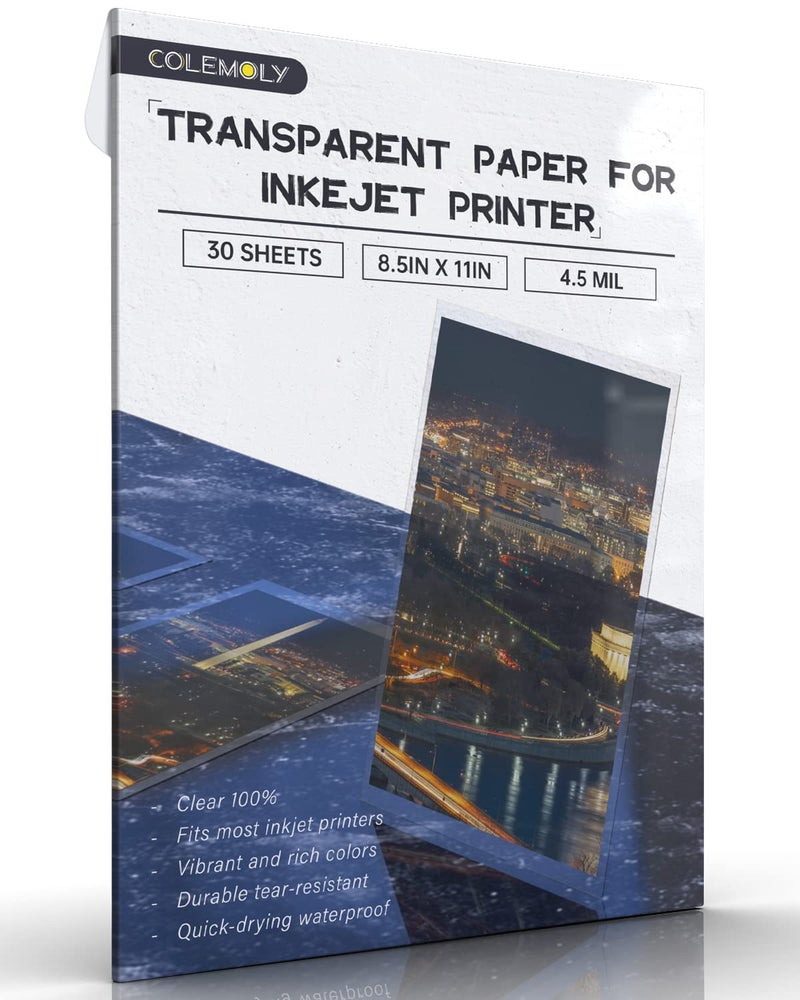 Colemoly Transparent Paper 30 Sheets Inkjet Transparency Film Inkjet Printer (100% Clear) Acetate Sheets Clear Paper 8.5x11 Inches for Crafts, Premium Print - Image 1