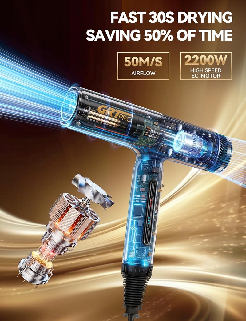 Professional Ionic Hair Dryer Travel Hairdryer 2200W,110,000 RPM High Speed EC Motor,320g Lightweight Hairdryer,200 Million Ionic Blow Dryer with 1 Diffuser & 1 Nozzle Accessories - Image 2