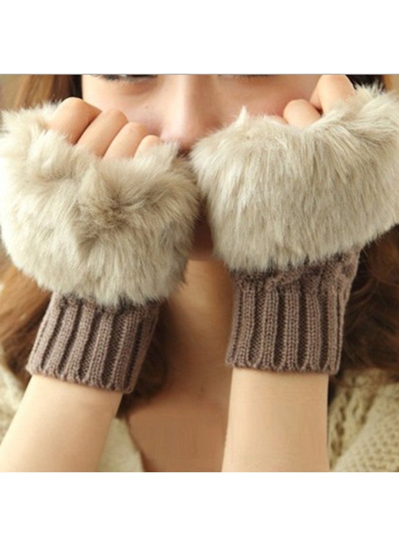 Korean version of autumn and winter warm gloves ladies half finger gloves plush padded knitted gloves open finger touch screen gloves wholesale Bean color (main picture) 