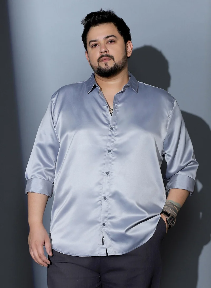 Instafab Plus Instafab Plus Men Solid-Satin Regular Shirt | Spread Collar , Long Cuffed Sleeves | Button Closure , Curved Hem | Solid Plain Material | Woven Fabric For Party & Evening Wear | Light Grey