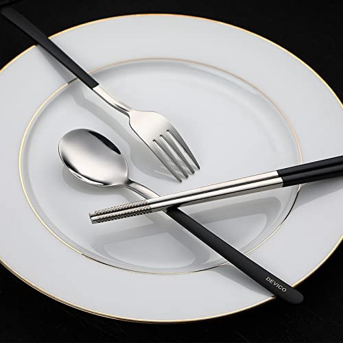 DEVICO Travel Utensils, 18/8 Stainless Steel 4pcs Cutlery Set Portable Camp Reusable Flatware Silverware, Include Fork Spoon Chopsticks with Case (Black) - Image 4